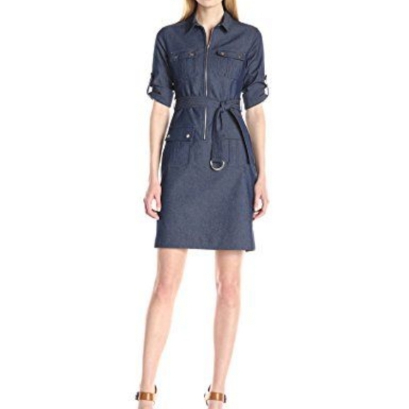 Sharagano Dresses & Skirts - NWT Saharagano dress gray sz.6 rollup sleeves belted